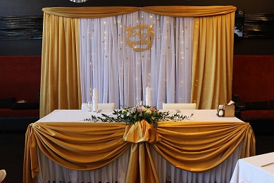 Свадебное оформление, оформление свадьбы №12 (13000 рублей) Задний фон,светодиоды, юбка, оформление юбки, герб 