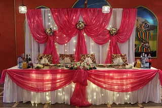 Свадебное оформление, оформление свадьбы №35 (16500 рублей) Задний фон,светодиоды, юбка, оформление юбки, Живые цветы